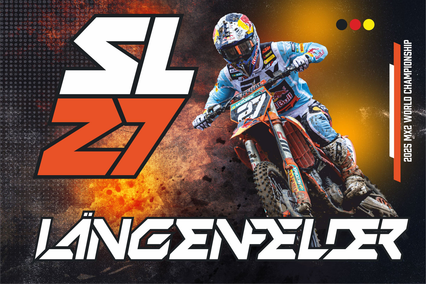 Fahne mit dem Logo von Simon und einem Bild von Simon auf dem Motocross-Bike