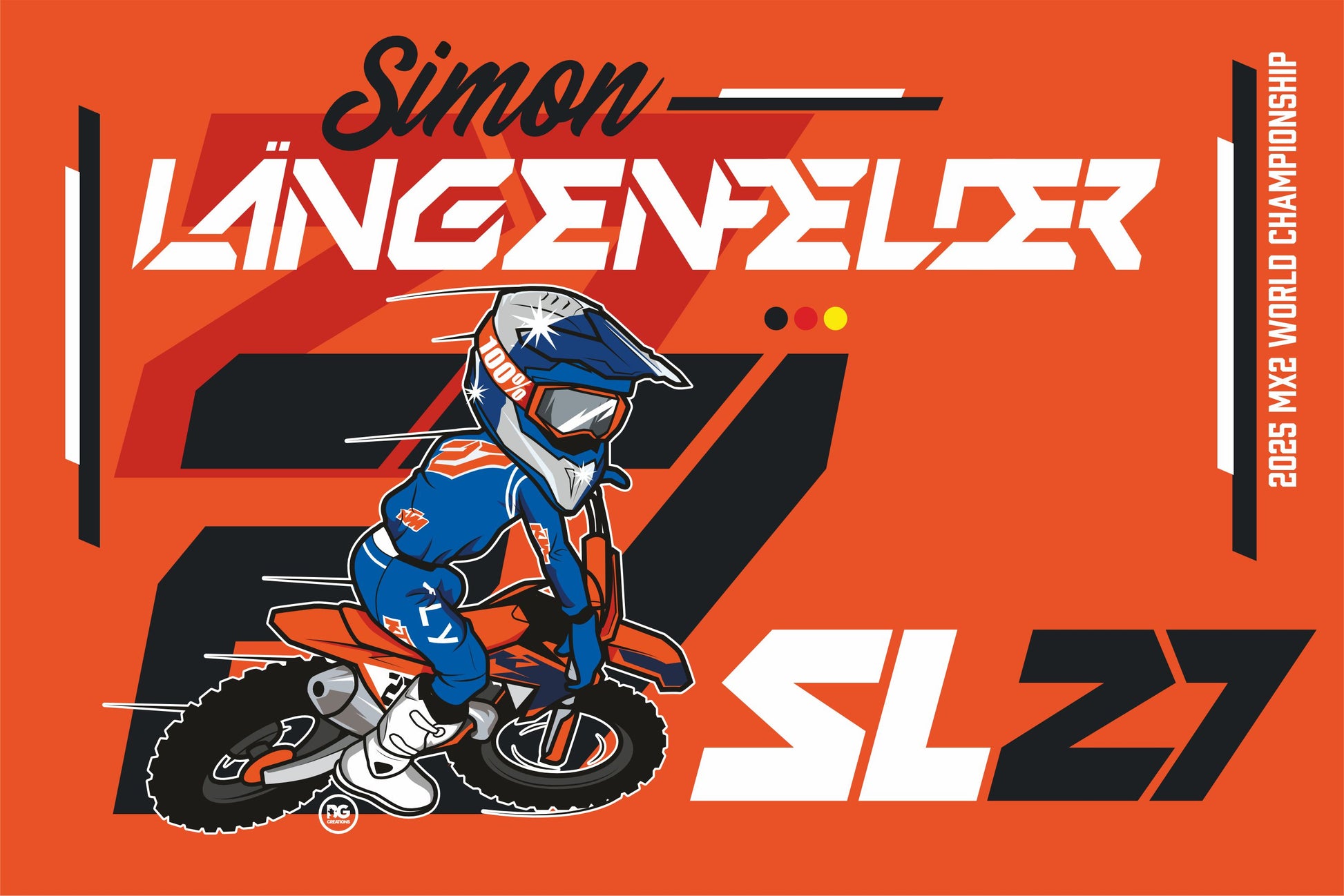 orange Fahne mit dem Logo von Simon Längenfelder und einem stilisierten Motorradfahrer