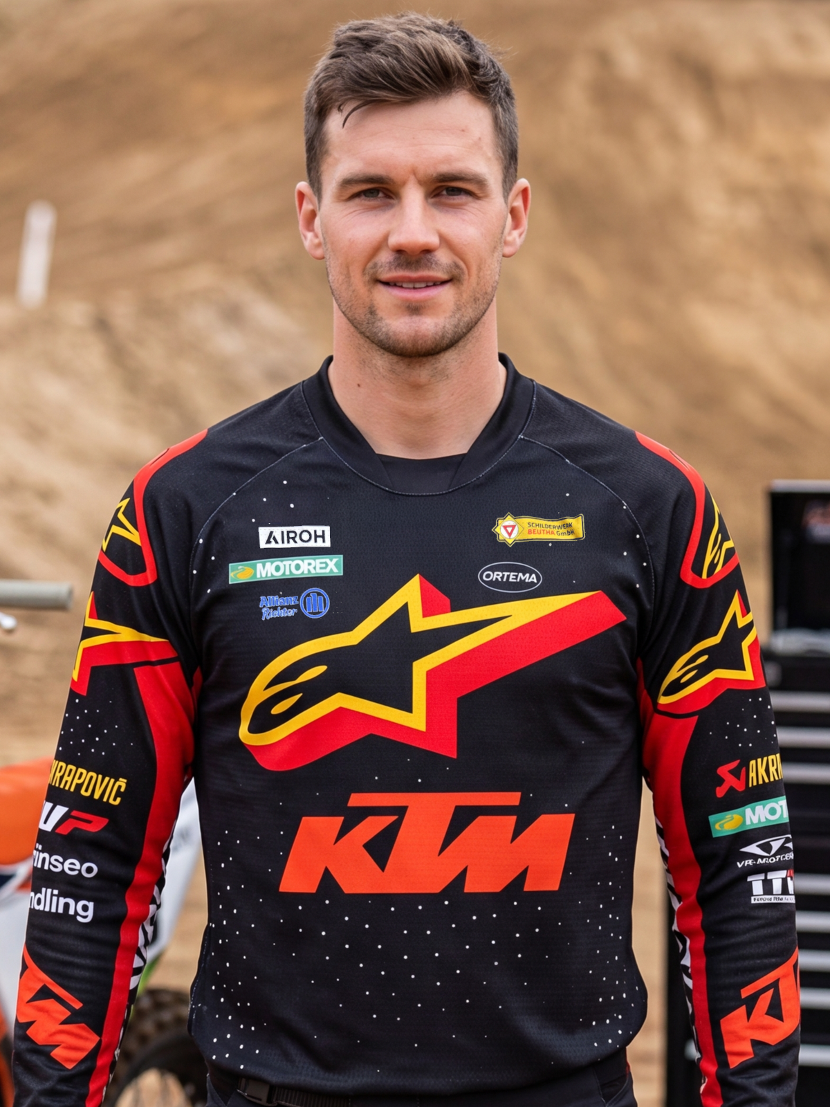 SL27 Replica Jersey HomeGP 2026 Vorderseite mit KTM-, Alpinestars- und Sponsorenlogos im offiziellen Heimrennen-Design in Schwarz, Rot und Gold