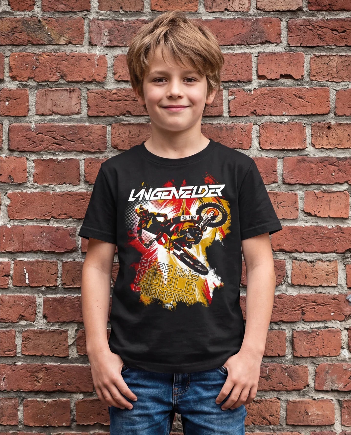 Kind trägt schwarzes SL27 „Kids HomeGP Germany“ T-Shirt mit großem Frontprint von Simon Längenfelder in Motocross-Action und „2025 MX2 World Champion“-Schriftzug vor einer Backsteinwand.