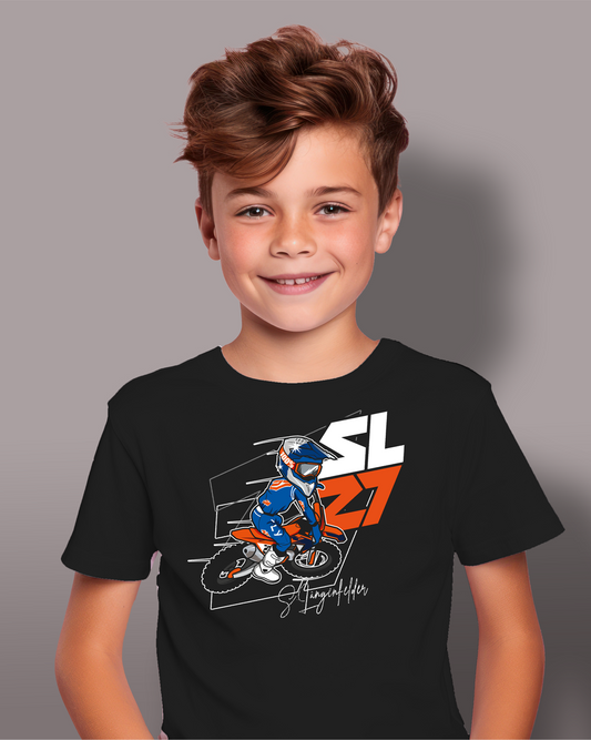 Schwarzes Shirt mit dem Logo von Simon und einem Rennfahrer im Comicstyle
