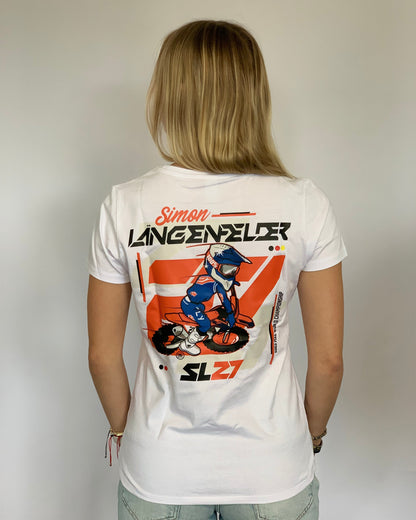 Weißes Ladys Shirt mit dem Schriftzug Simon Längenfelder, dem Logo und Simon auf dem Motorrad im Comic-Style