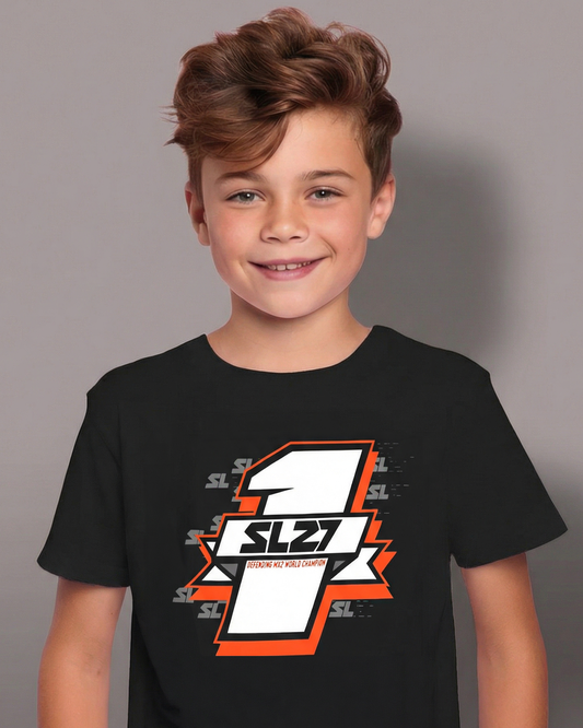 Schwarzes SL27 Kinder-T-Shirt „Number One“ mit großem Nummer-1-Frontprint und SL27-Logo auf der Brust.