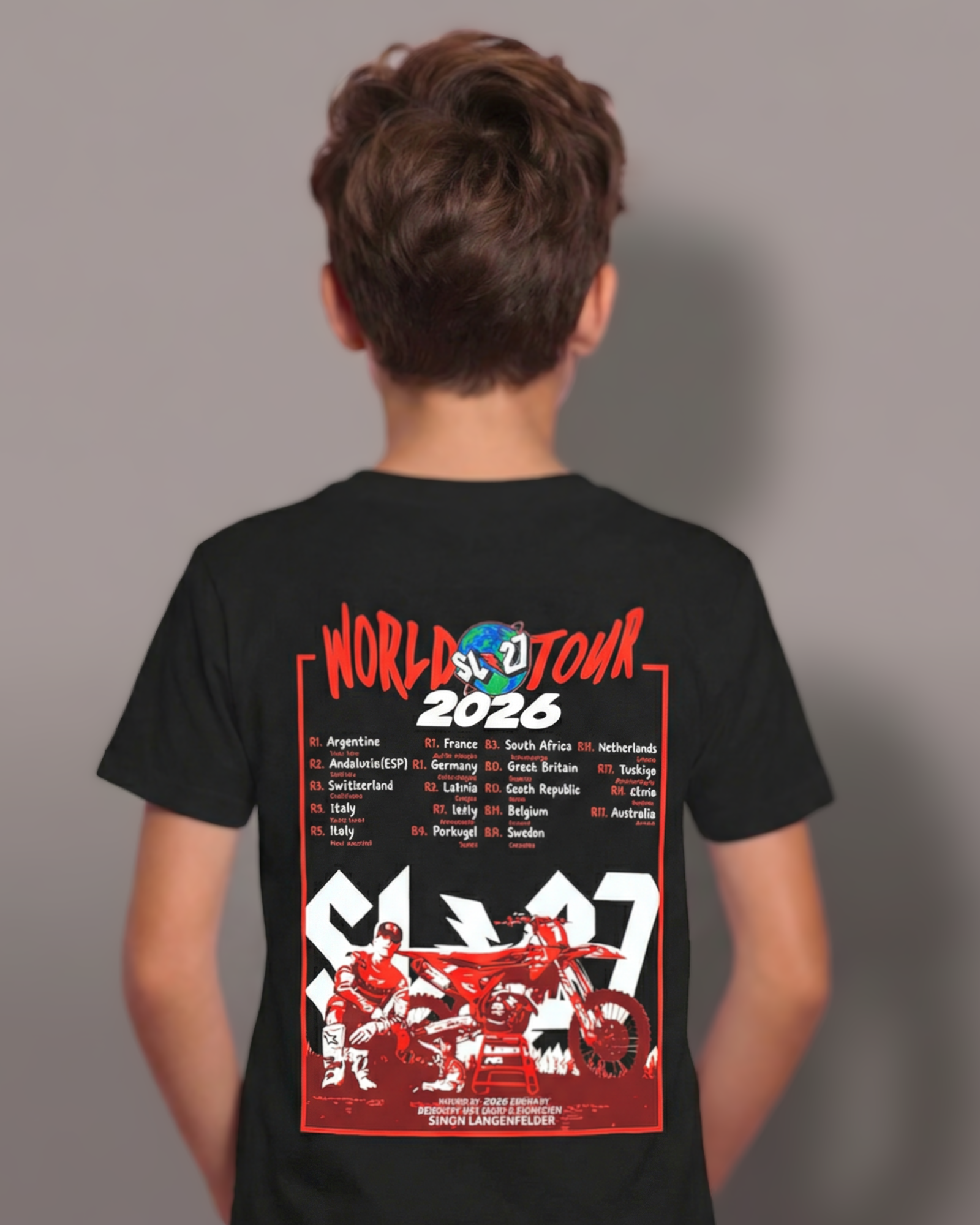 Rückseite des schwarzen SL27 Kinder-T-Shirts „World Tour 2026“ mit großem Tourdaten-Print, Rennkalender und Motiv von Simon Längenfelder mit Bike.